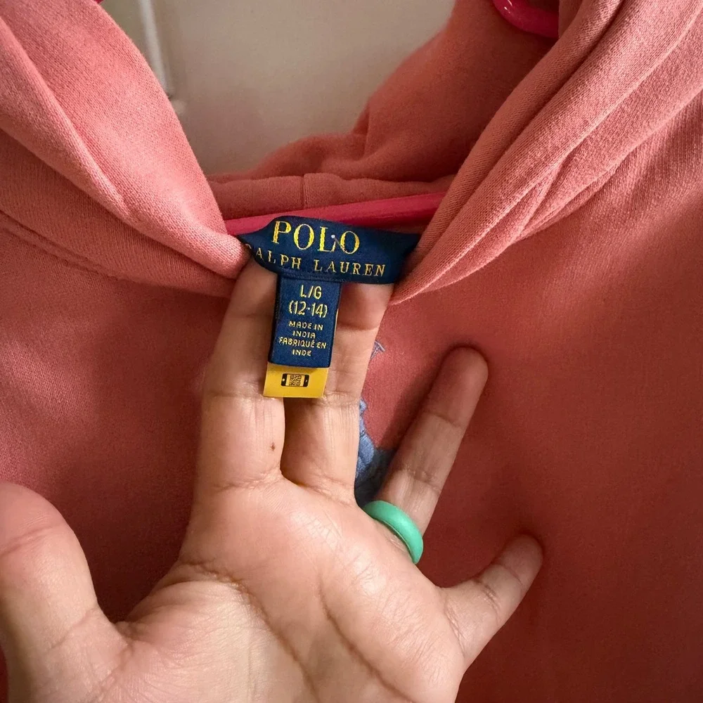Polo Ralph Lauren Girls Coral Pink Hoodie Dress Blue Pony Logo Long Sleeve 12/14